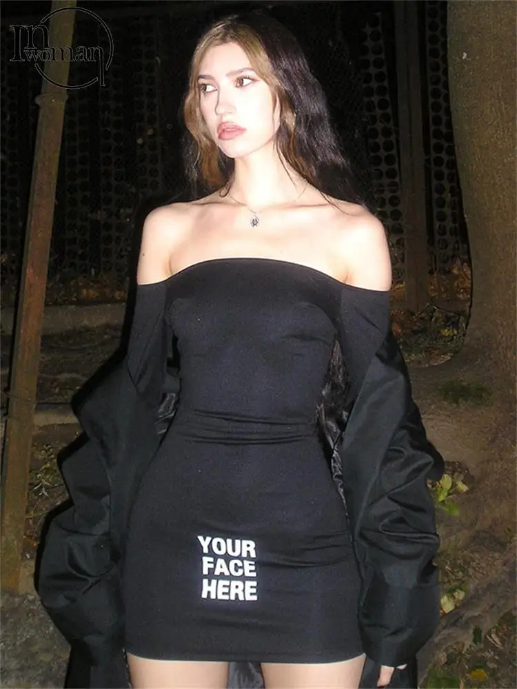 

Inwoman Autumn Sexy Solid Letter Strapless Mini Dresses Club Outfit For Women 2022 Slash Collar Party Short Dress Female Dress