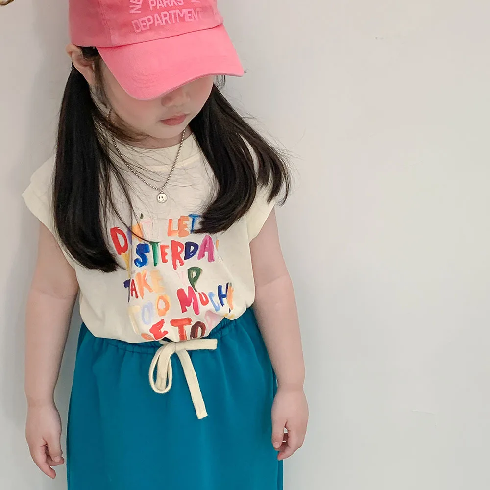 

Детская футболка 5176B, Летняя трикотажная футболка без рукавов с буквенным принтом в Корейском стиле для девочек, топы, повседневные футболки, топы, 2023