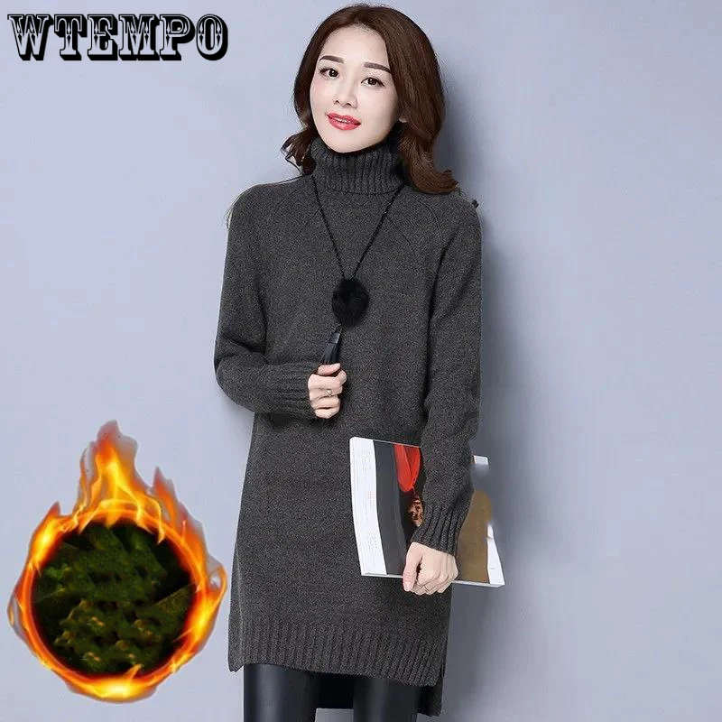 

Женский трикотажный свитер средней длины, теплый трикотажный свитер из пряжи с высоким воротником