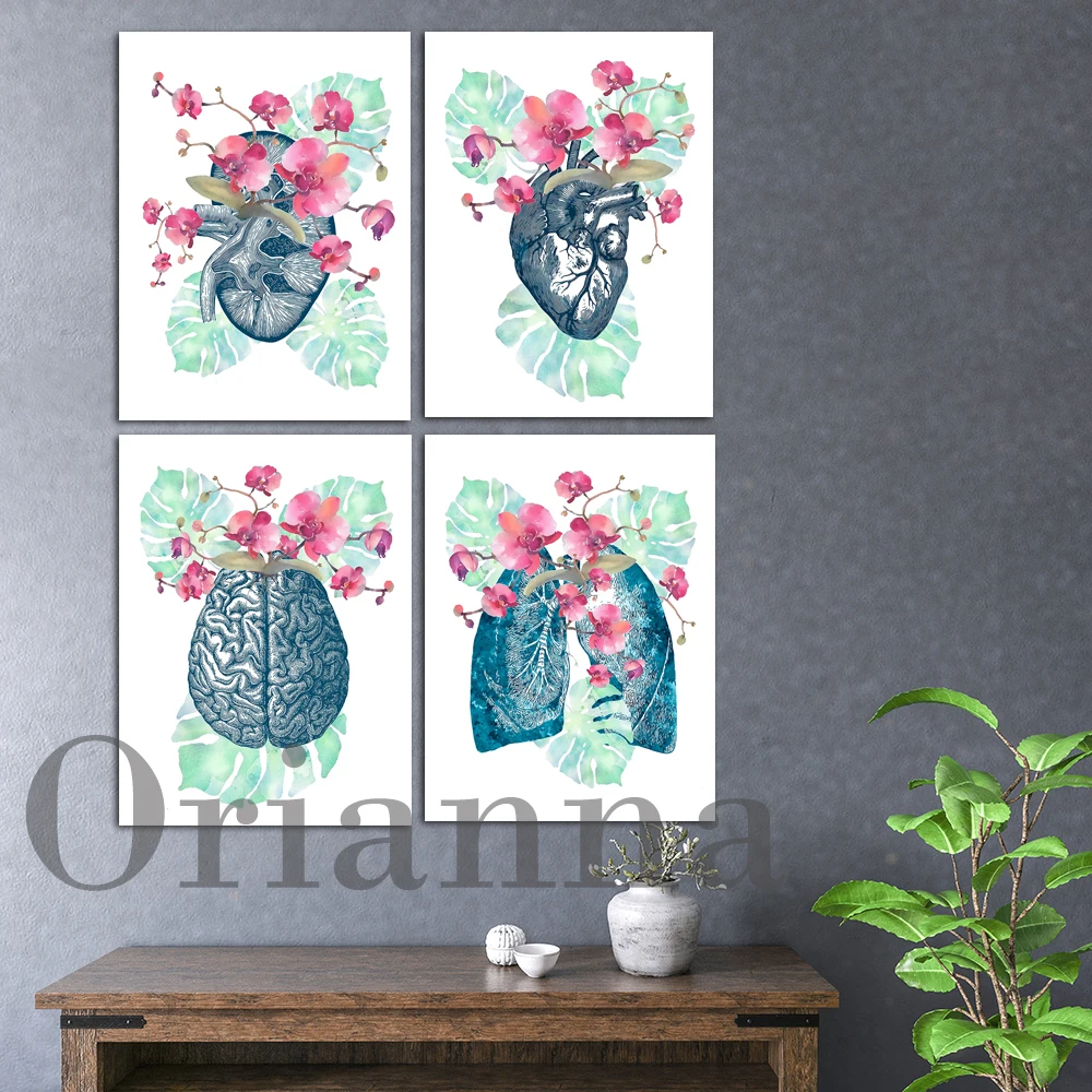 

Watercolor Anatomy Tropical Flowers Print Floral Internal Organs Medical Art Brain And Orchids Heart Flowers Lungs Kidney Poster