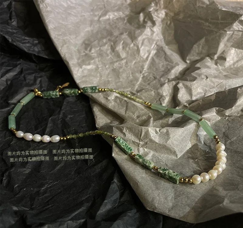 

National Style Natural Stone Freshwater Pearl Necklace Gradient Green Olivine Patchwork Retro Necklace for Women