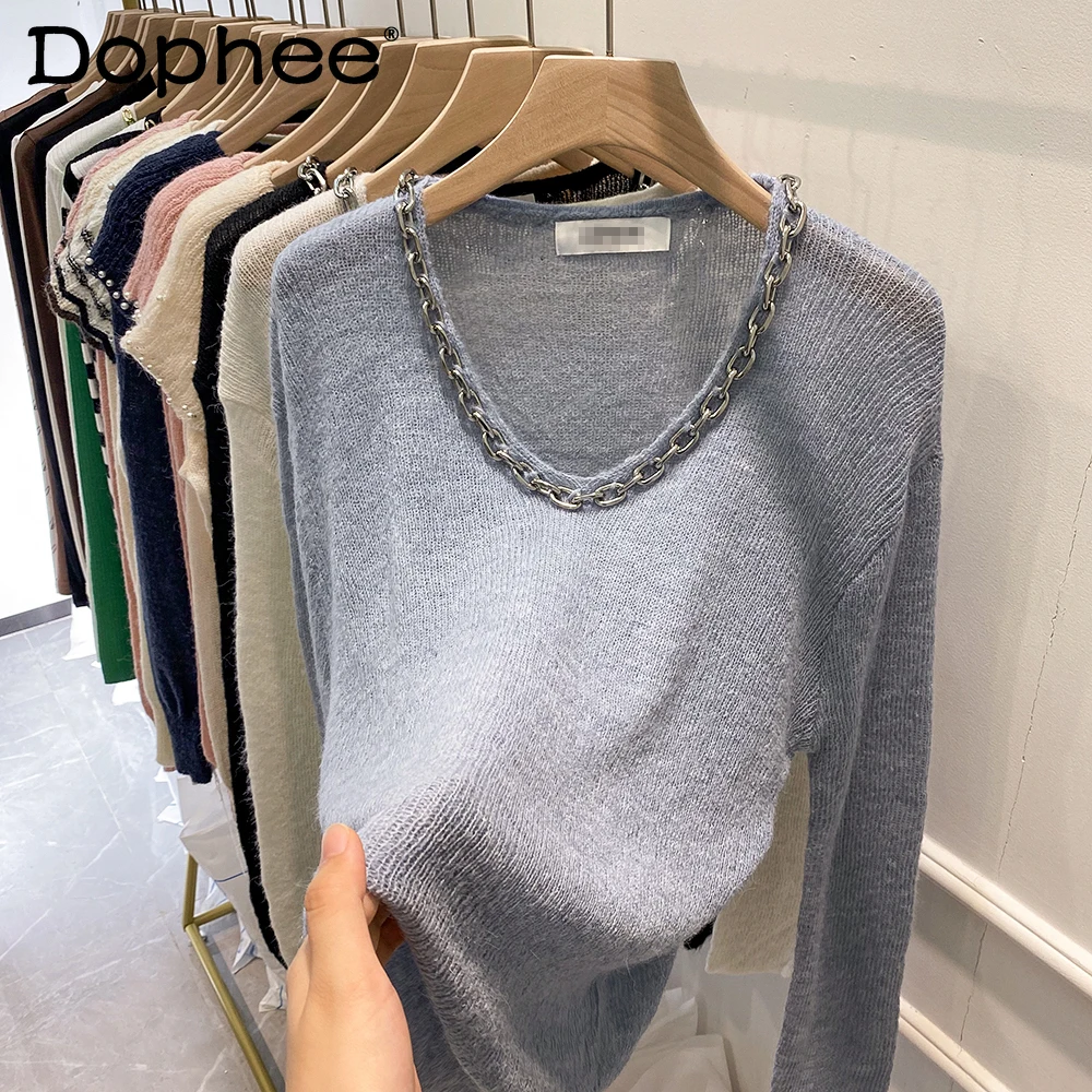 

Idle Style Simple Knitted Bottoming Shirt Women 2021 Autumn New Clothes Chain Thin Sweater Tshirt Femme Long Sleeve Pullover Top