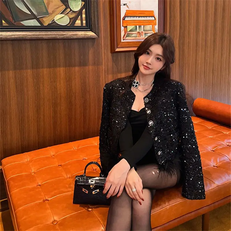 Модное шикарное блестящее твидовое пальто kusхиты с блестками в Корейском стиле