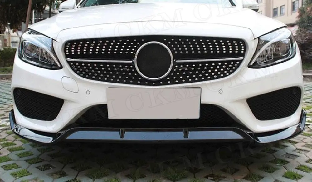 Фото Карбоновый спойлер-сплиттер для переднего бампера Mercedes-Benz C-класса W205 Sport 2014-2018, глянцевый черный, из ABS-пластика, для защиты передней части автомобиля №5
