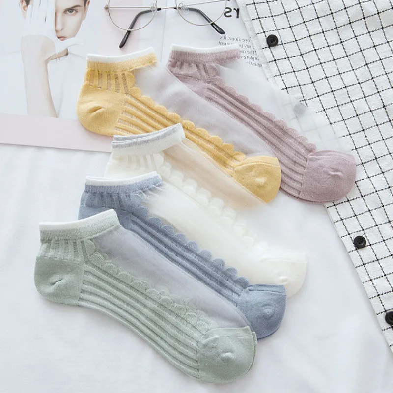 5 pairs of women's socks ins damp cotton bottom glass silk crystal stockings spring and summer thin summer boat socks women tran