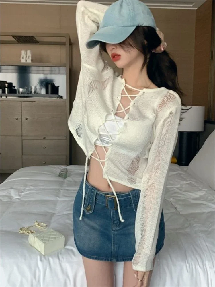 Женские вязаные кардиганы Woherb Y2K с дырками однотонные милые укороченные джемперы