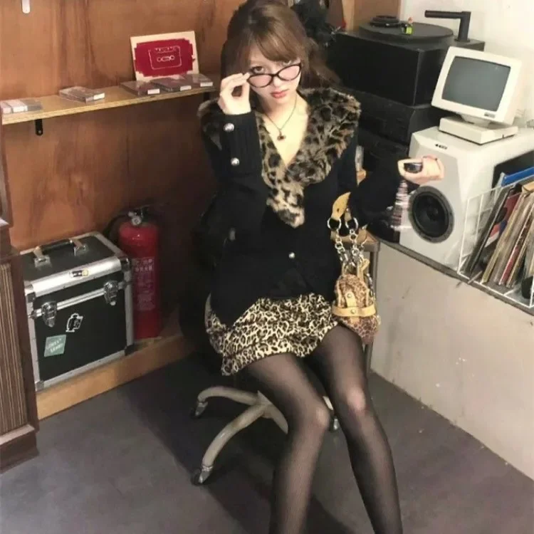 Винтажные сексуальные лоскутные топы с леопардовым принтом Mujer 2024 осень-зима