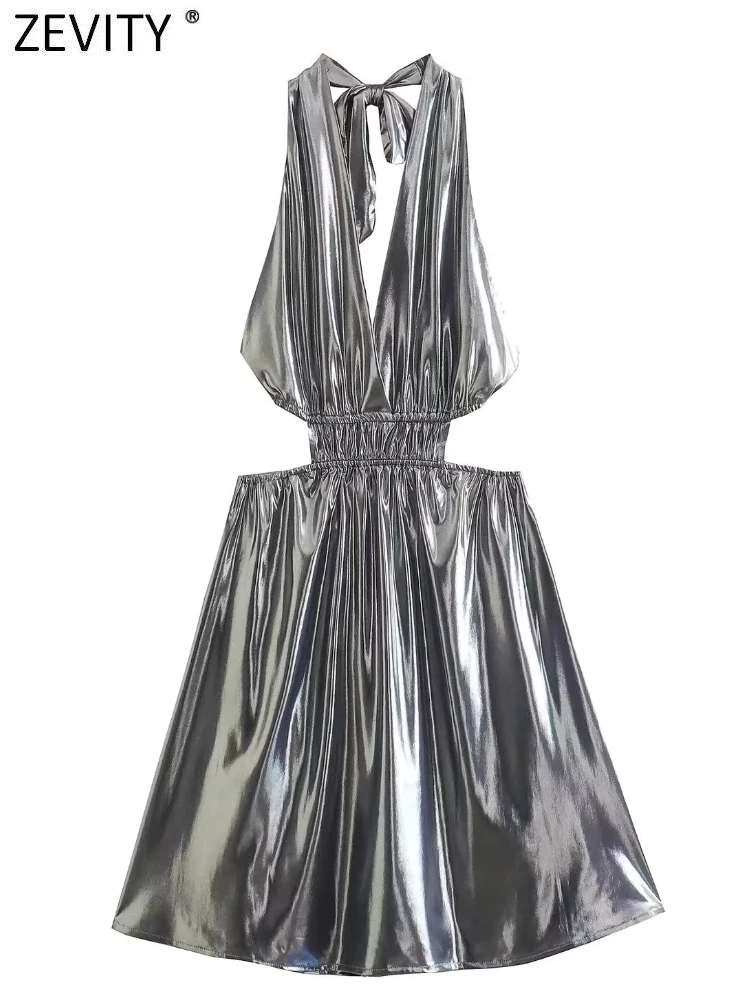 

Zevity женское модное однотонное металлическое платье без рукавов с лямкой на шее женское шикарное повседневное мини-платье на шнуровке с отк...