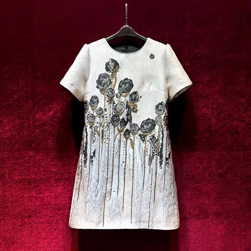 European and American women's clothes 2023 summer new Round neck and short sleeves fashion White Flower Jacquard Dress XXL