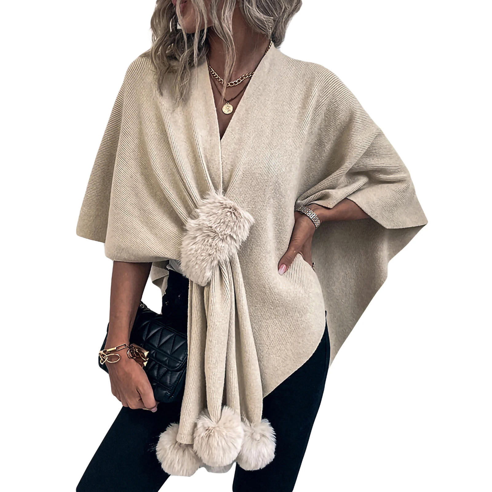 

Women Fashion Wild Poncho Cape Solid Color Bobbles V-Neck Cloak Sweater Autumn Winter Elegant Knitted Cardigan Wrap Shawl