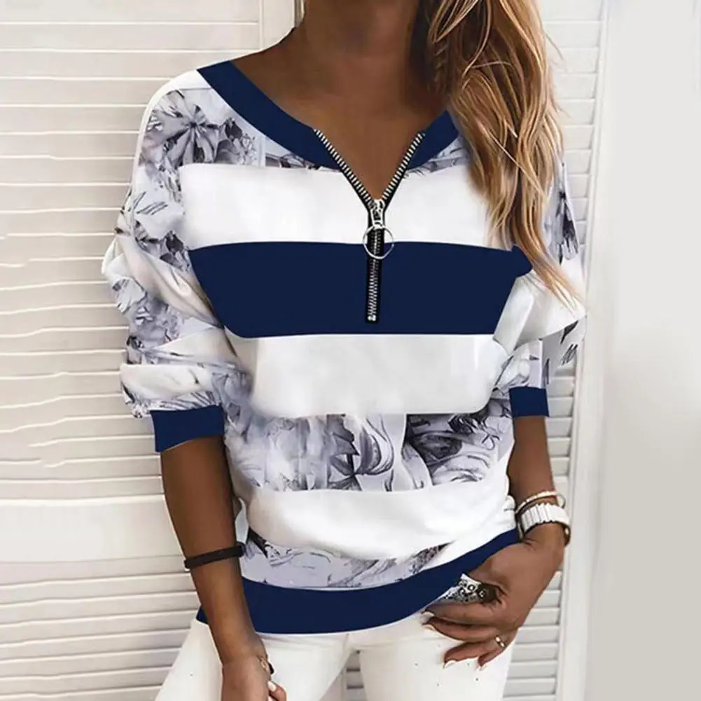 

V-neck Long Sleeve Elastic Cuffs Women Sweatshirt Autumn Floral Striped Digital Printing Zipper Collar Sweatshirt For Dating