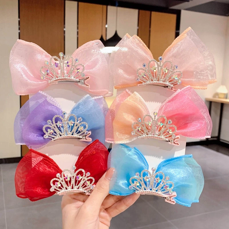 Princess Crown Hair Clips Standing Bowknot Hairpin Kids Barrette Korean Hair Accessories