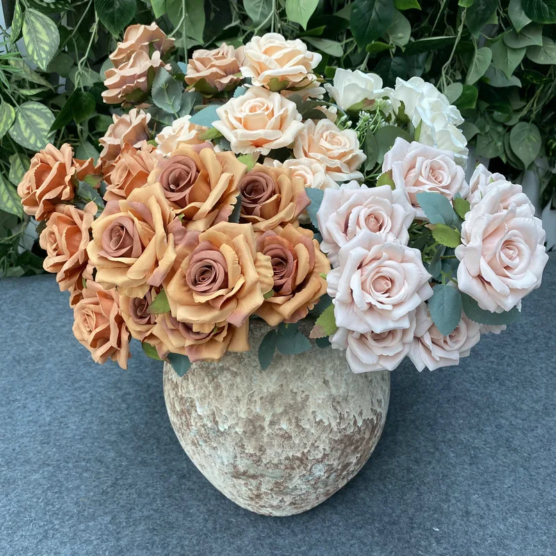 

9-head Nora Rose Simulation Plant Decoration Living Room Decorations Dry Flowers Dining Table Flowers Home Decor
