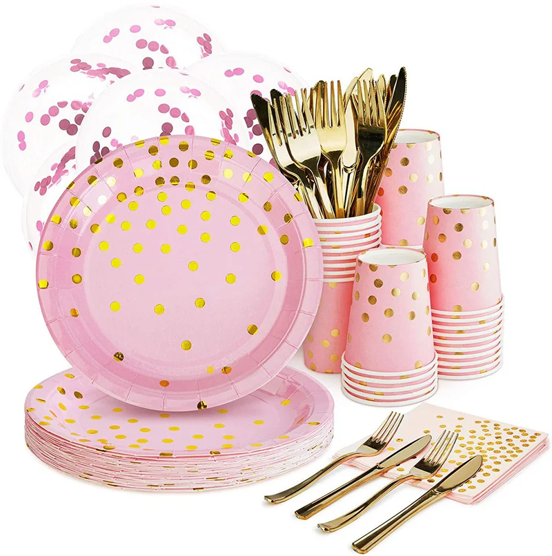 

Gold Pink Baby Shower Party Disposable Tableware Sets Paper Plate Cup Kids Adult Birthday Wedding Bachelorette Party Decoration