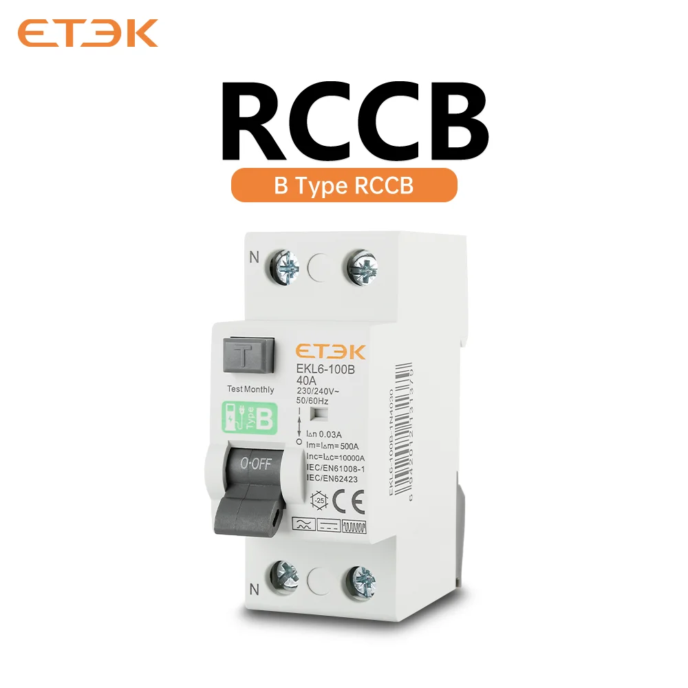 ETEK RCD B-Type RCCB 1P+N Миниатюрный автоматический выключатель остаточного тока утечки на землю 30 мА C Кривая 36 мм DIN-рейка 220 В EKL6-100B(S)