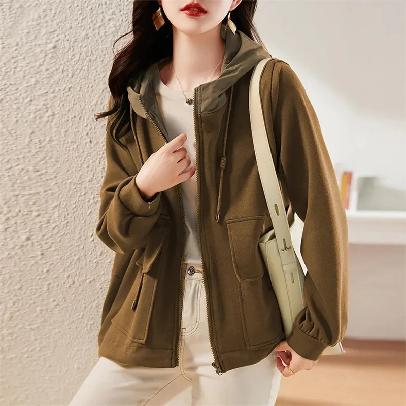 

2023 Spring Autumn New Female Casual Loose Versatile Pocket Panel Hooded Short Coat Women Long Sleeve Cardigan Sweatershirt
