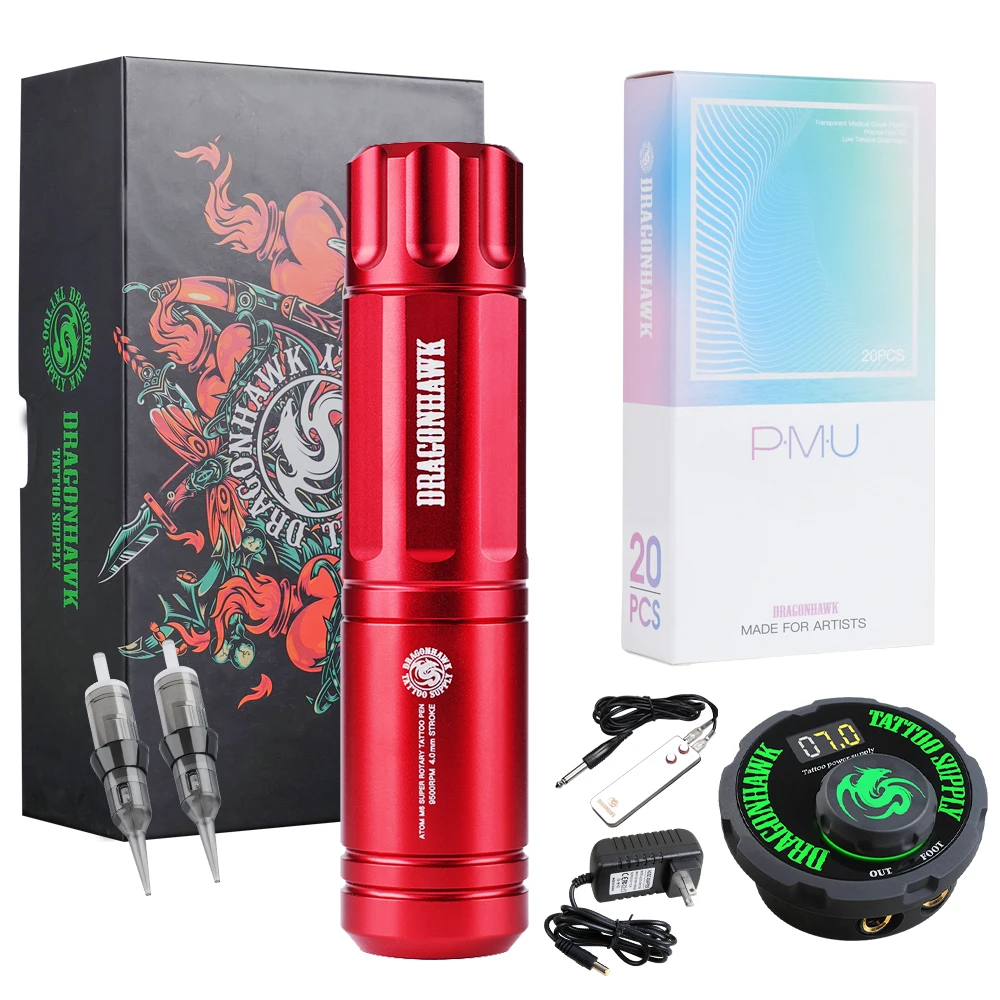 

Dragonhawk RCA Interface Rotary Tattoo Machine 4mm Stroke with LCD Power Supply Permanent Makeup PMU Needles Supply Kit