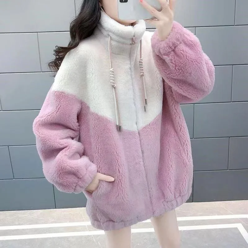 Women Fur Jacket Overcoat Autumn Winter Thick Lamb Fur Coat Female Outwear Fashion Shearling Imitation Rabbit Hair Splicing Coat