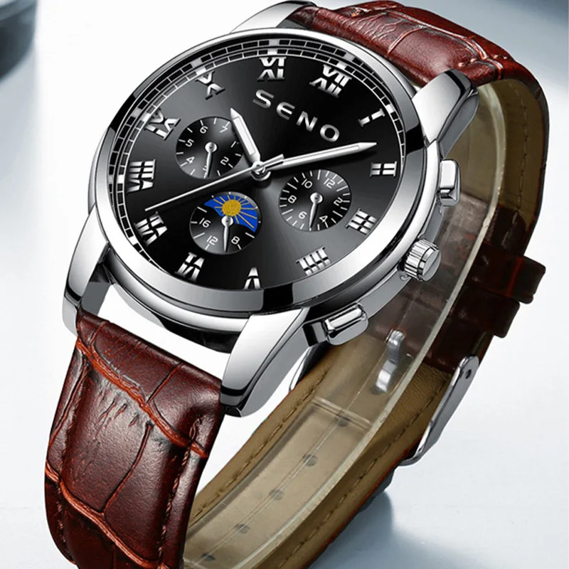 

SENO Kwai noo factory direct selling vibrato tiktok men's watch three eye leisure belt men's watch quartz watch
