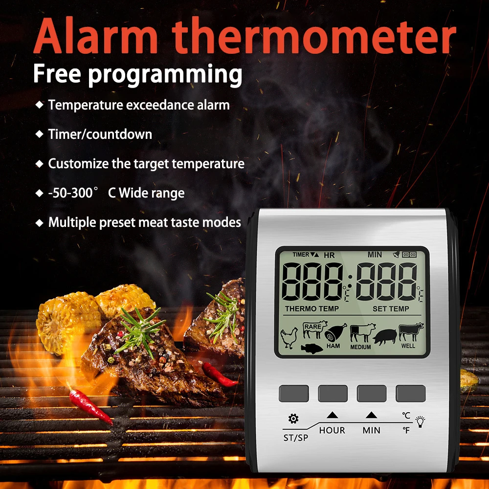 

Цифровой термометр для барбекю, кухонный прибор для измерения температуры, с щупом и таймером, с подсветкой, для гриля и духовки, с умным оповещением