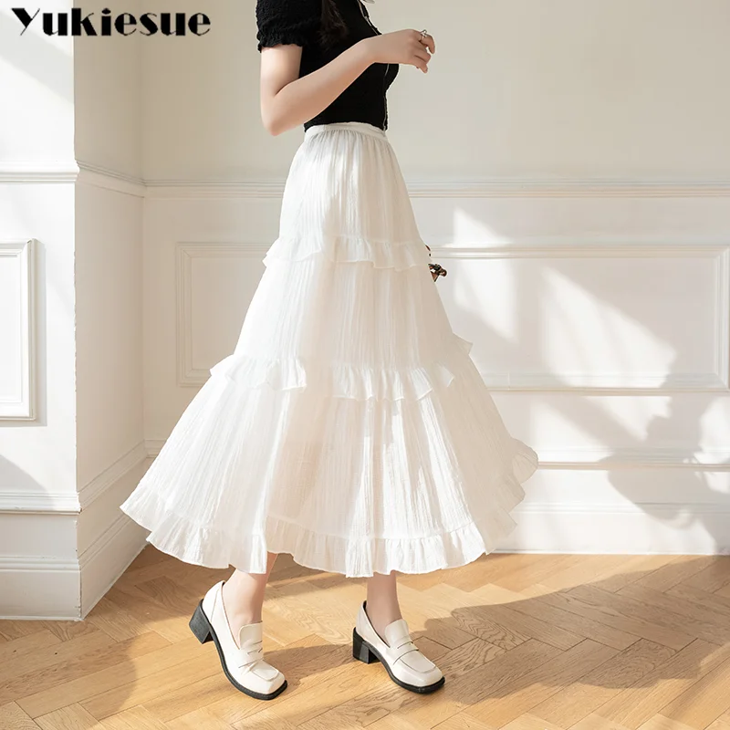 

Женская длинная юбка с высокой талией, Повседневная трапециевидная юбка с поясом на резинке и оборками, модель Y2k в Корейском стиле на лето, 2023