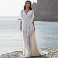 simple beach wedding dress 2022 a line puffy short sleeve v neck pleat lace appliques sweep train bride gown for women