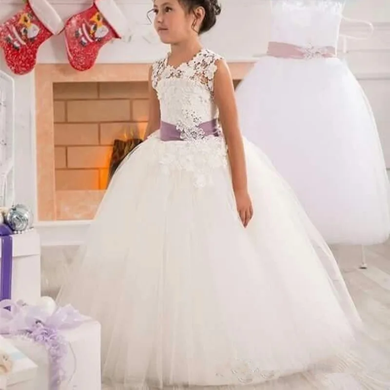 

3D Lace Flower Girl Dresses for Wedding Floor Length Cute Kids Formal Wear Custom Made Purple Sash Princess Party Birthday Gown