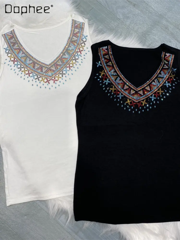 

Tank Top Sexy V-neck Sleeveless Bottoming Top Women 2023 Summer New Rhinestone Vest Camisole Female Korean Fashion Clothing