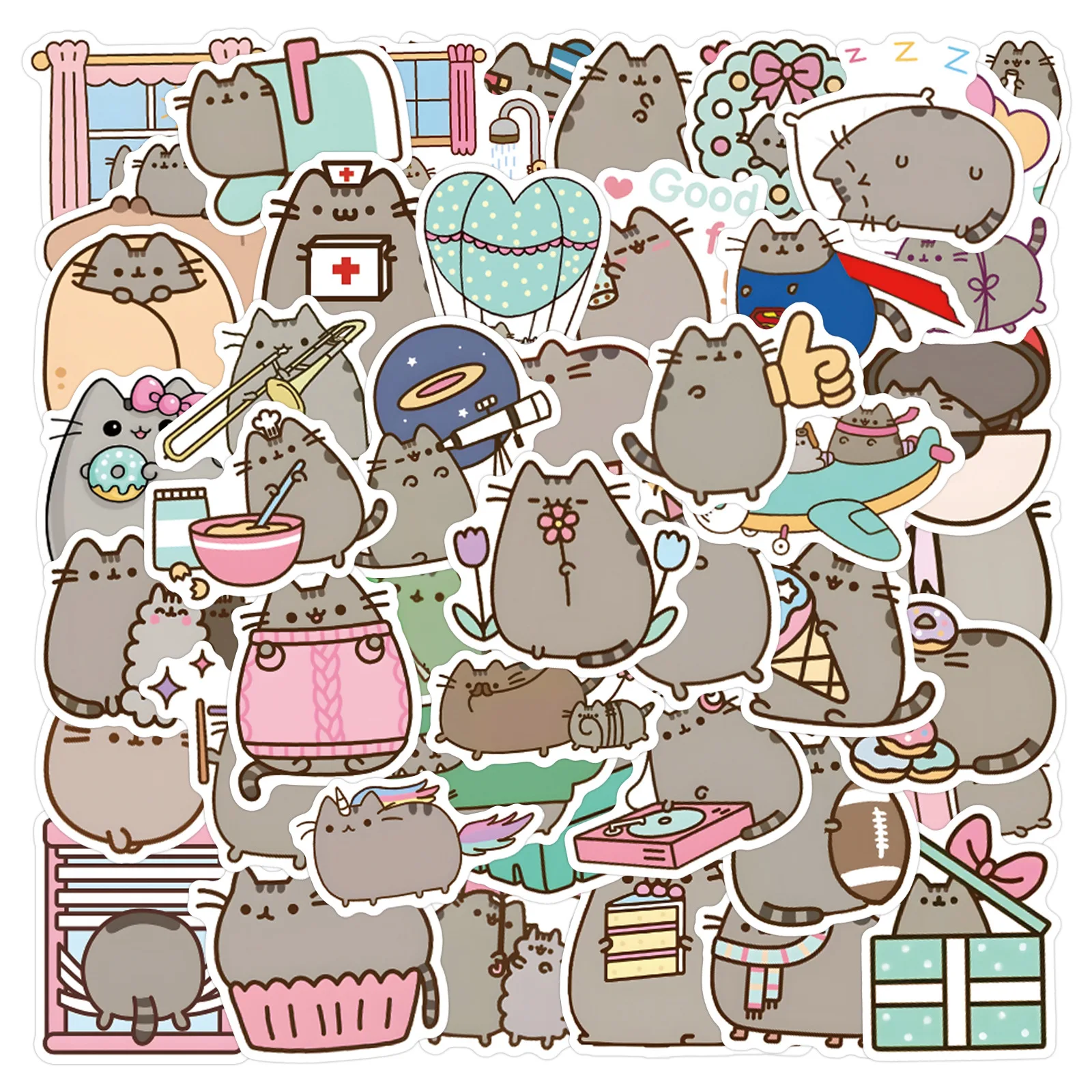 Фото 55 шт. наклеек с аниме-персонажами Pusheen, водонепроницаемые, для скейтбордов, ноутбуков, телефонов, милые декоративные стикеры, игрушки №1