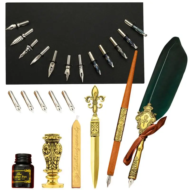 

Feather Calligraphy Pen Ink Set Quill Pen Ink Set Calligraphy Pen Set Dip Pen Sealing Wax Seal Stamp Envelope Tool Best Gift Kit