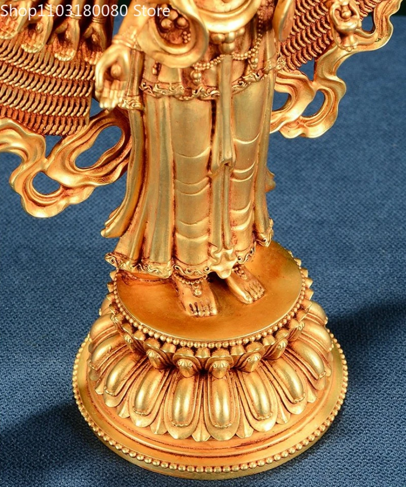 31 см Изысканная медная позолоченная резная искусственная кожа Тибет Кван-инь