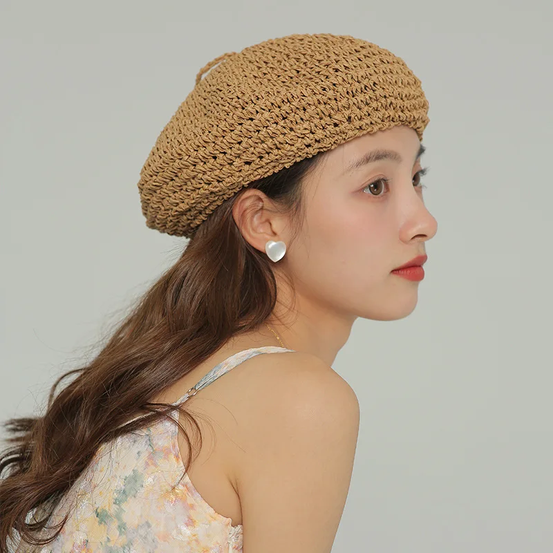 

2022 Summer Weave Beret Female Straw Hats For Women Spring Autumn Flat Sun Hat Breathable Casual Holiday Artist Beach Cap