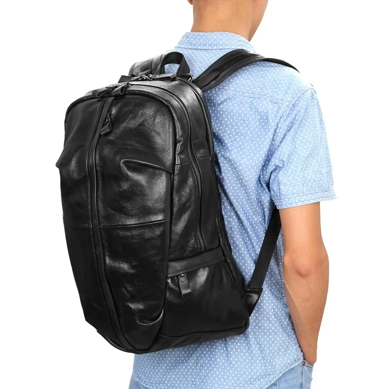 

Genuine Leather Backpacks 15 Inch Men's Large Soft Cow Leather Black Large Capacity Rucksack For Work Waterproof Travel Pack