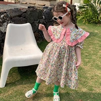 childrens clothing 2022 summer new childrens little girl floral lapel dress girl short sleeved princess dress