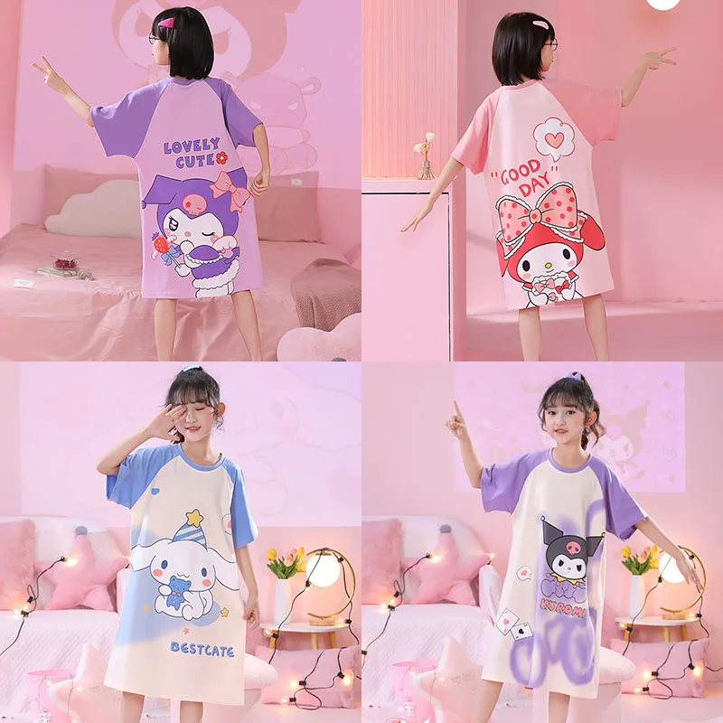 

Kawaii аниме детская ночная рубашка Sanrioed Kuromi Melody Cinnamoroll детская одежда для сна летняя Хлопковая пижама для девочек Домашняя одежда подарок