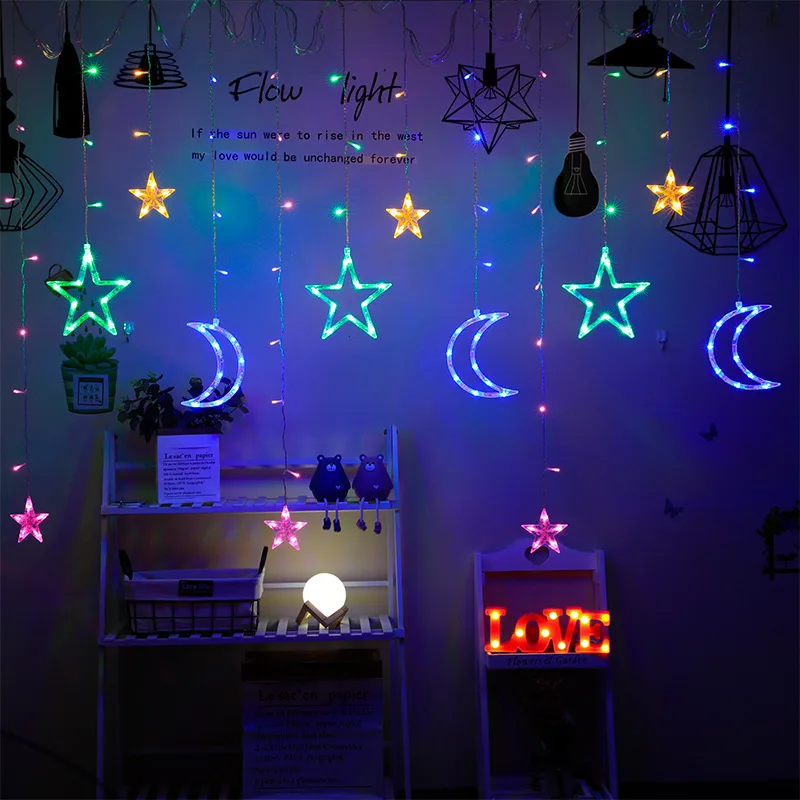 Декоративная Звездная Гирлянда-занавеска, s-образные Луны и звезды, светодиодный ночсветильник для украшения дома, рождественские украшения для вечеринки