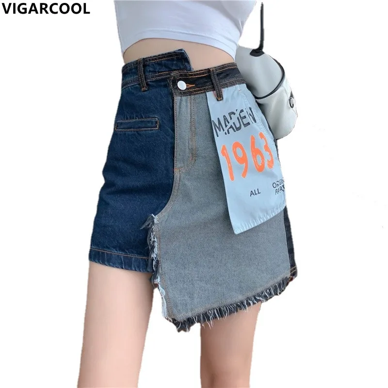 

2022 New design asymmetrical contrast color stitching Skirt A-line Skirt denim short Skirt personality trendy brand denim Skirt