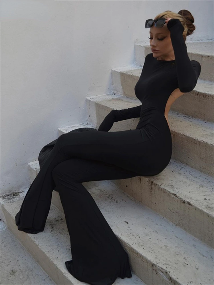 

2022 Y2k Solid Summer Black Basic Bodysuit for Women Fashion Long Sleeves Backless Halter Flare Pants Simple Casual Streetwear