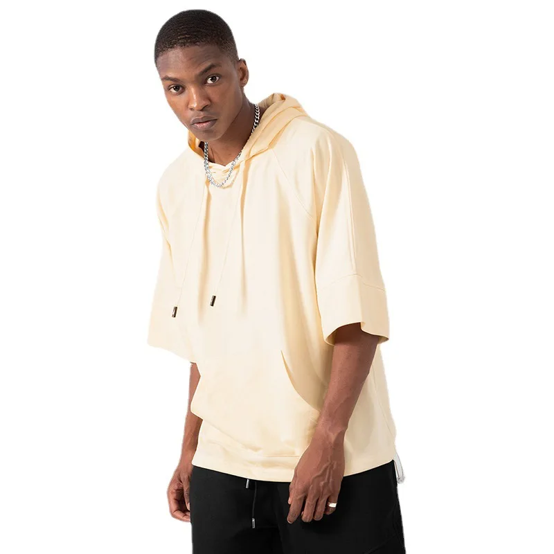 

Summer Short Sleeve Hoodie T-shirt Men Loose Plus Size Fashion Hooded Drop Shoulder Tshirt Grey Khaki Tee Tops Boys Xxxl