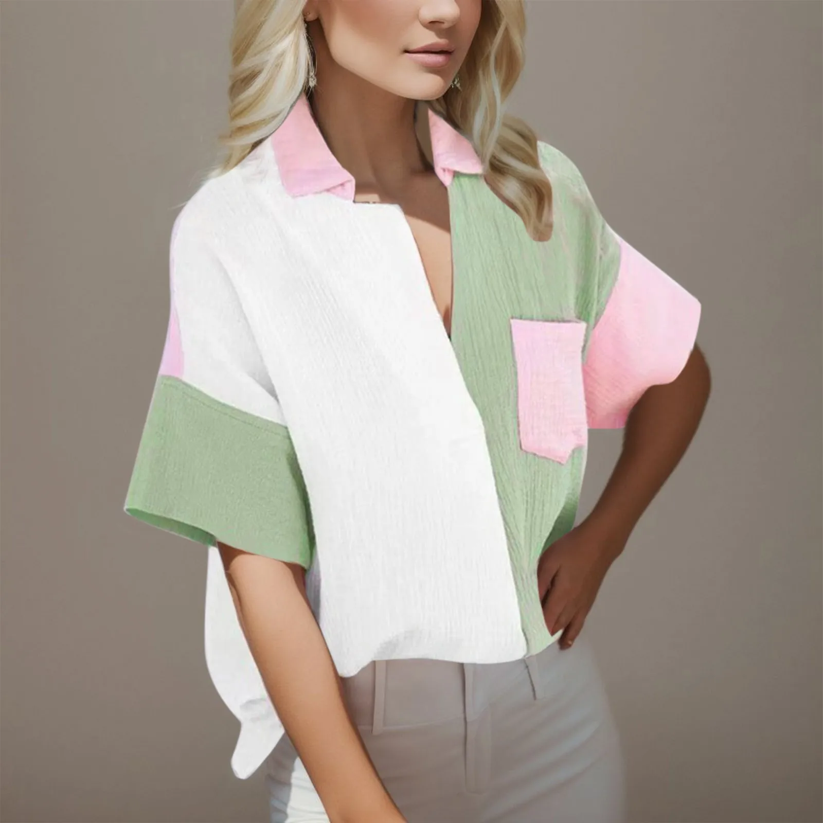 

Женская рубашка в стиле пэчворк, элегантная повседневная рубашка на пуговицах с контрастными лацканами для весны и лета, осень