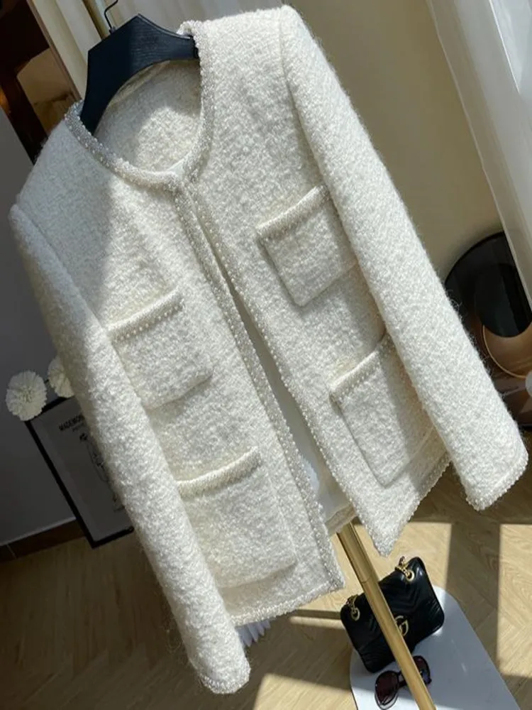 French Luxury Beaded Short Tweed Wool Coat Women Autumn Winter Vintage Small Fragrance White Heavy Industry