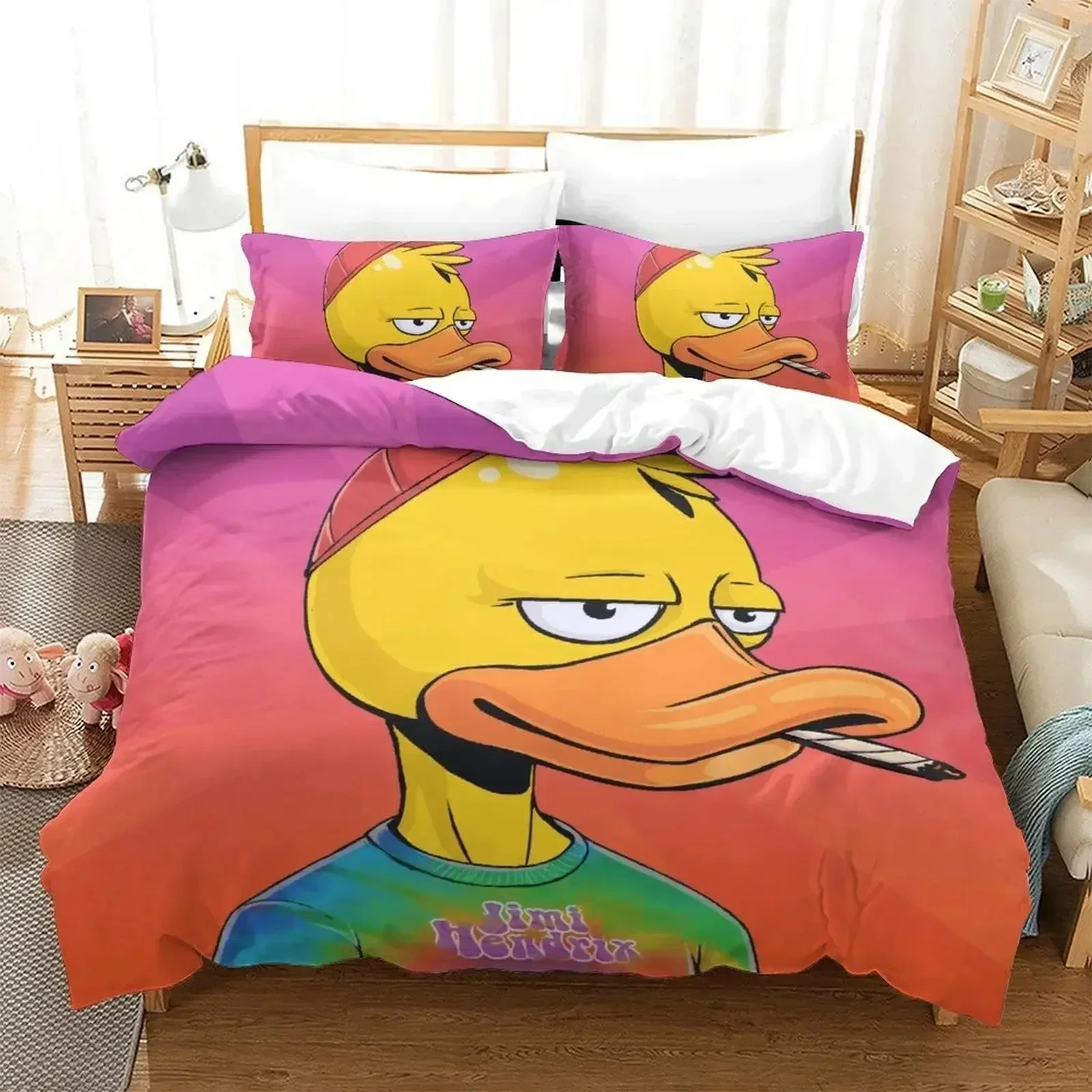 Фото Комплект постельного белья с принтом «Аниме Quackity Duck» для взрослых: пододеяльник, наволочки, простыня, покрывало. Размеры: Full, Queen, King. №5