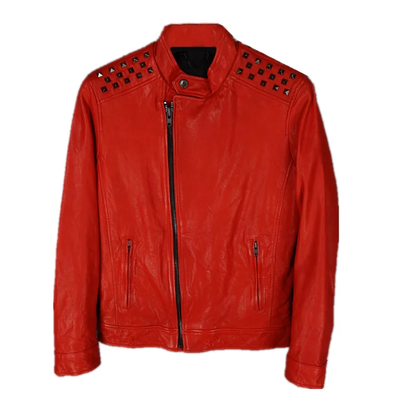 

Free Shipping Quality Men‘s Sheepskin Jacket Punk Rivet Motorcycle Rider Leather Coat Cool Man Red Leather Jacket