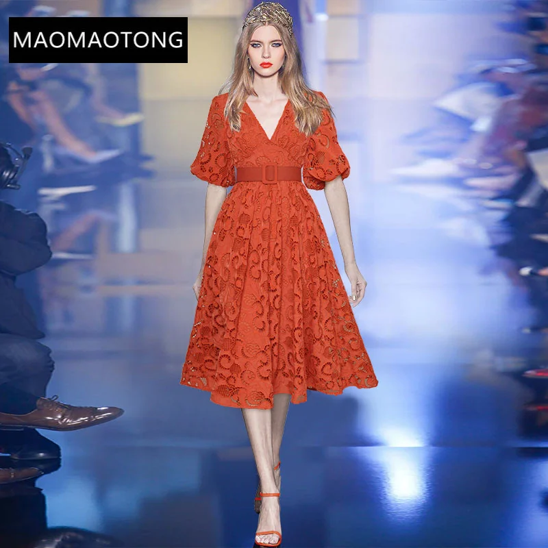 

Dresses For Women 2022 Luxury Designer Runway Summer V Neck Puff sleeve Sashes Hollow out Embroidery Red Vintage Party Dresses