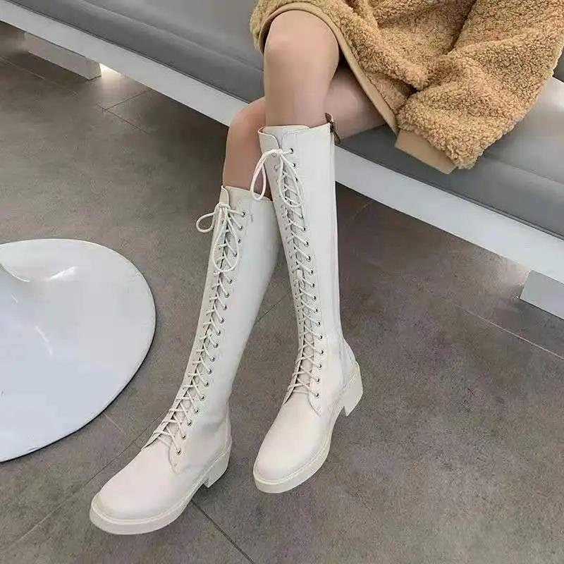 Популярные женские сапоги зимние дизайнерские с круглым носком до колена на