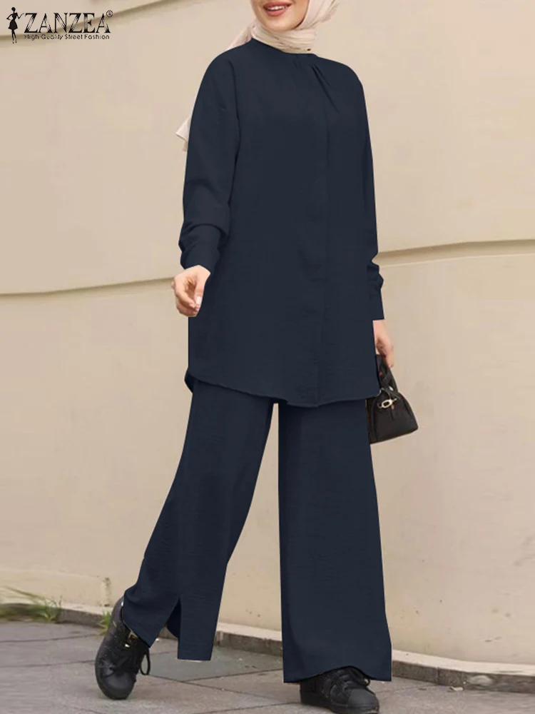 

ZANZEA Stylish OL Work Muslim Suit Elegant Matching Sets Abaya Kaftan Solid Color Long Sleeve Blouse Pants Vintage Urban Suit