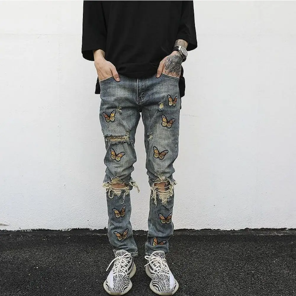 Jeans Men Embroidery Ripped Holes Straight High Street Straight Retro Punk Pants Fashio Hip Hop Streetwear Harajuku Butterfly