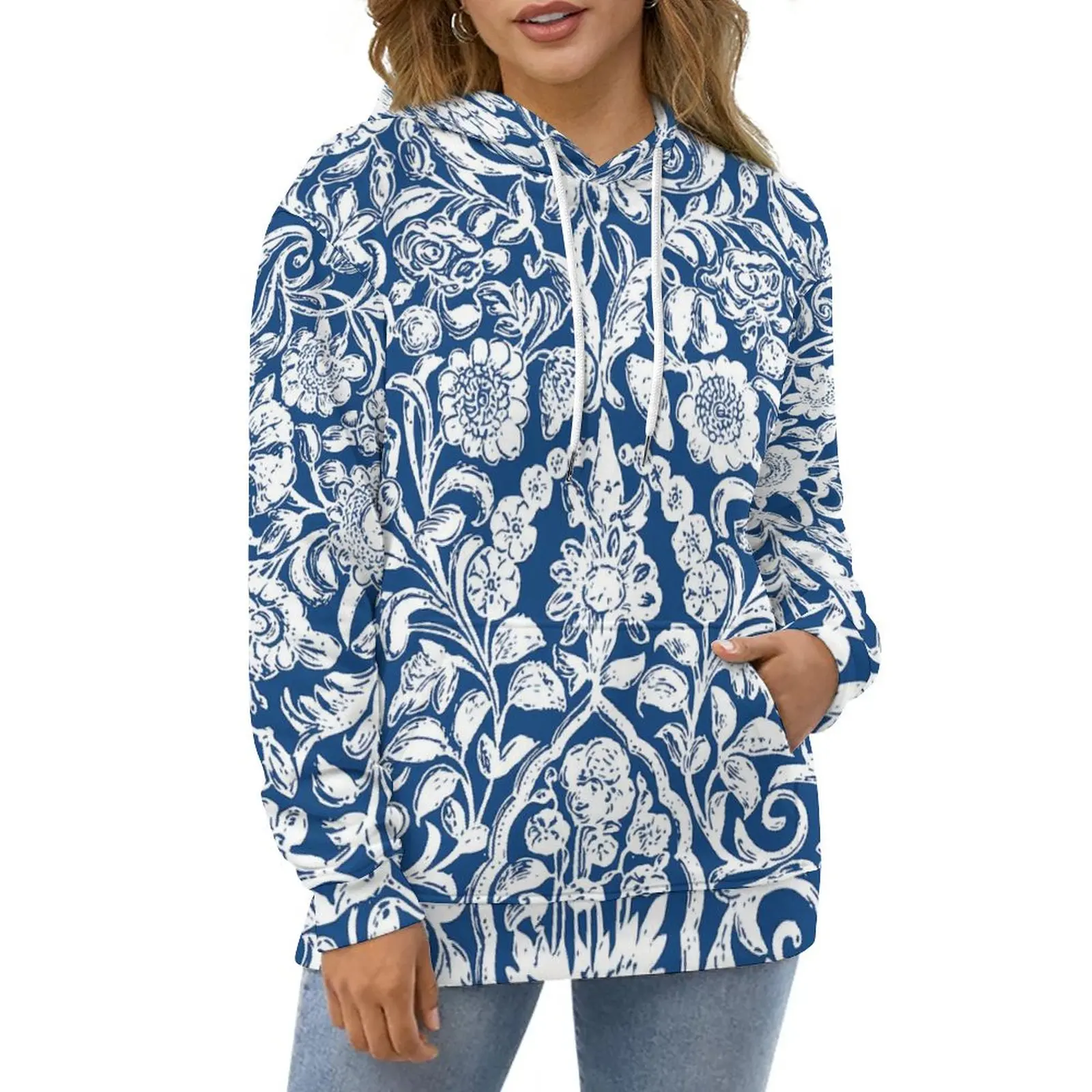 

Antique Floral Hoodies Blue And White Harajuku Casual Hoodie Long Sleeve Funny Design Sweatshirts Birthday Gift