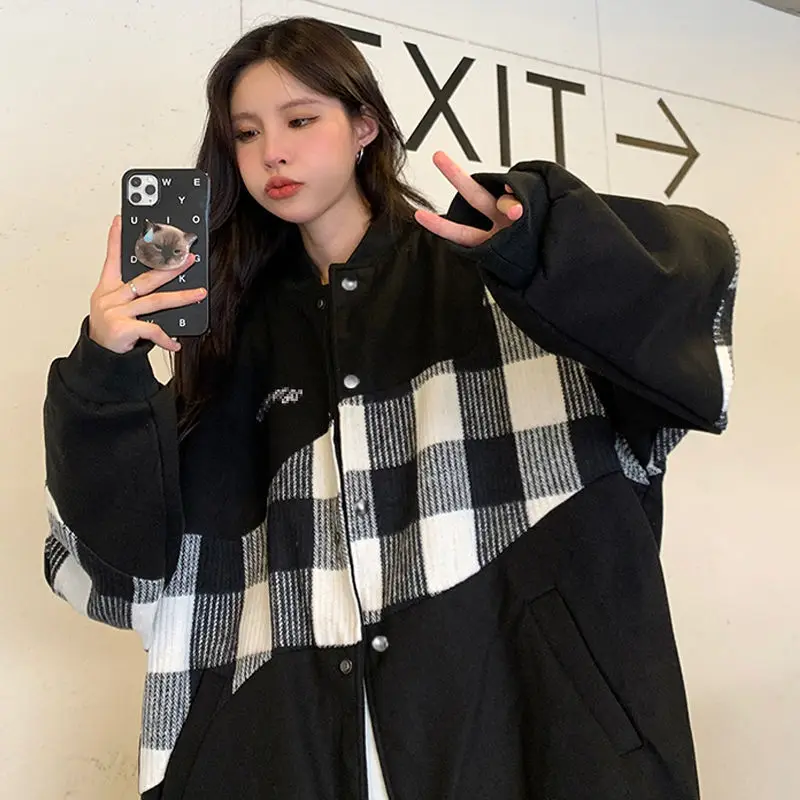 

Куртка-бомбер женская винтажная в клетку, модная уличная одежда в Корейском стиле, бейсбольная форма в стиле оверсайз, повседневный осенний пиджак для колледжа, Y2k