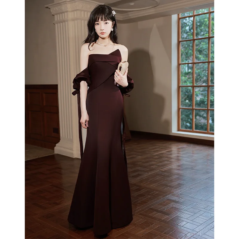 Burgundy Elegant Pleats Off Shoulder Cheongsam Temperament Wedding Dress New Bride Mermaid Tulle Toast Dress Vestidos De Fiesta